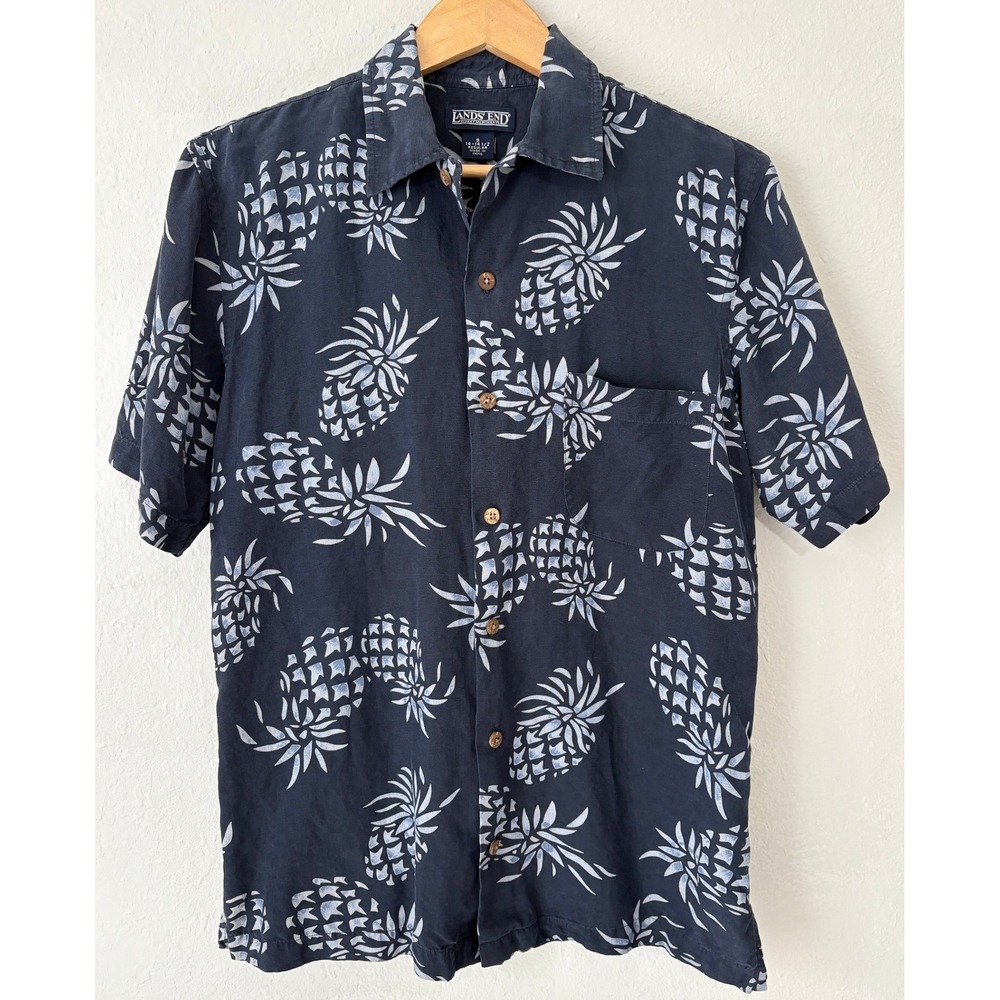 Vintage Lands End Mens Silk Linen Pineapple Print Shirt Navy Blue Aloha Resort S
